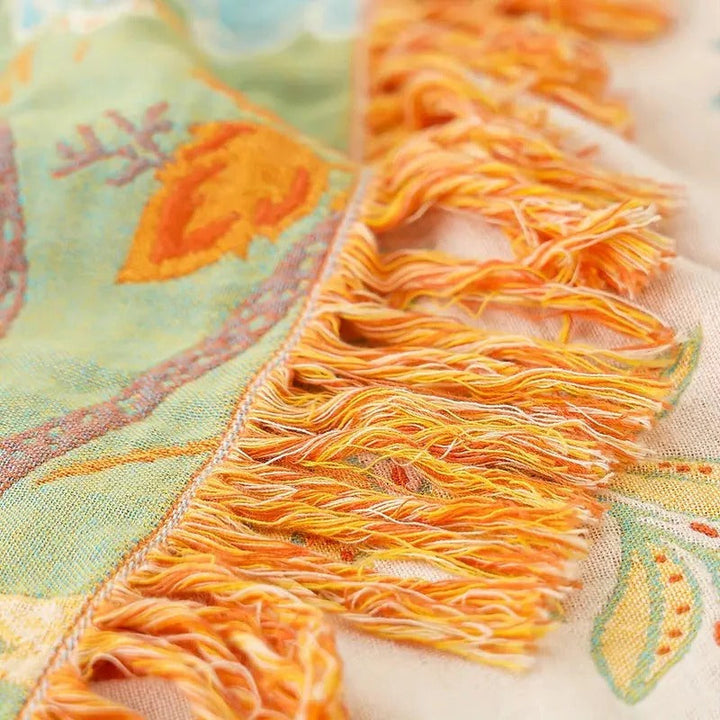 Floral Cotton Throw Blanket with Boho Fringe Trim