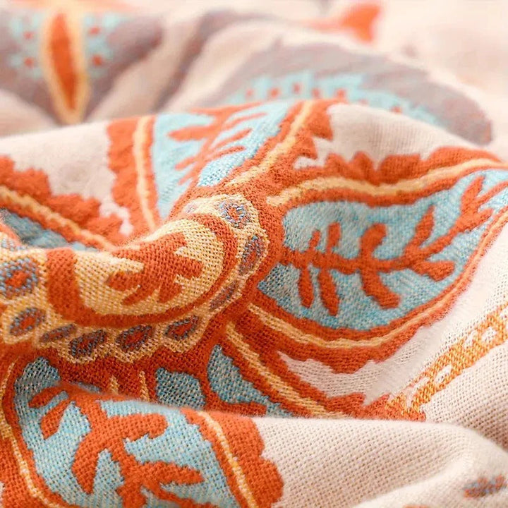Floral Cotton Throw Blanket with Boho Fringe Trim