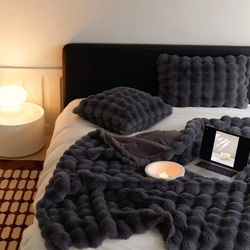 Double-Lined Faux Rabbit Fur Throw Blanket with Real Weight