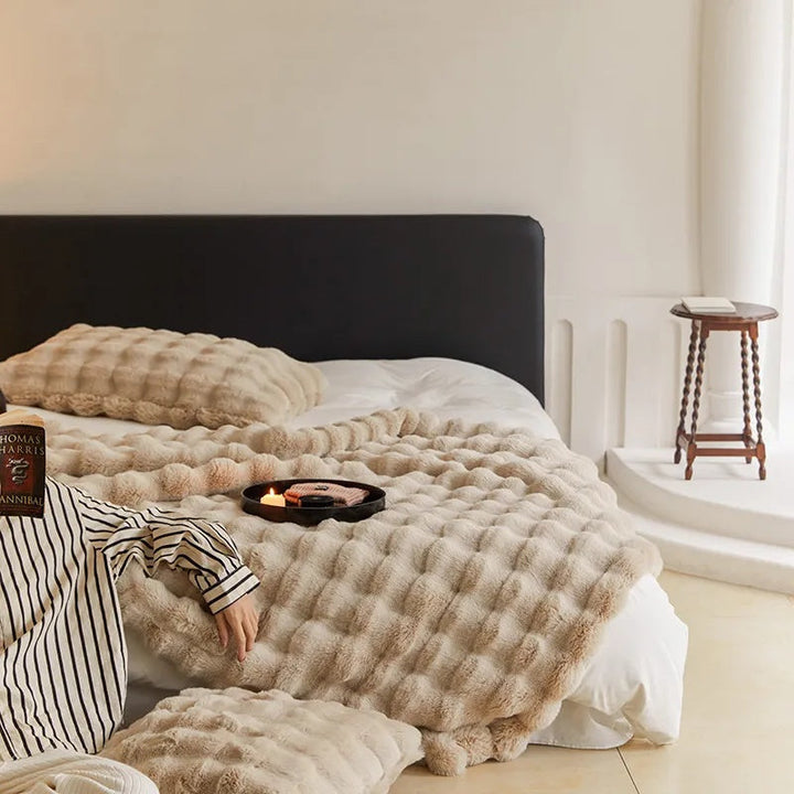 Double-Lined Faux Rabbit Fur Throw Blanket with Real Weight
