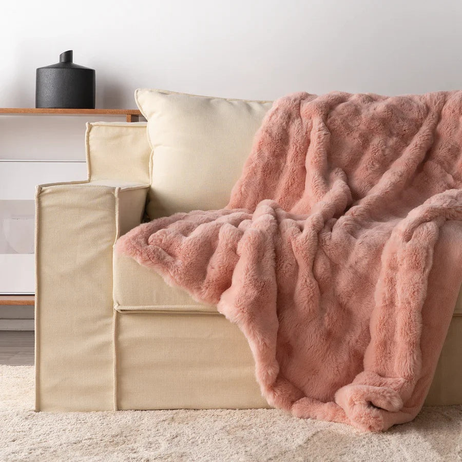 Double-Lined Faux Rabbit Fur Throw Blanket with Real Weight