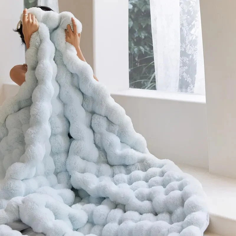 Double-Lined Faux Rabbit Fur Throw Blanket with Real Weight