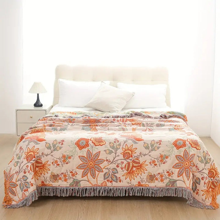 Boho Floral Cotton Throw Blanket with Fringe – Cream &amp; Orange