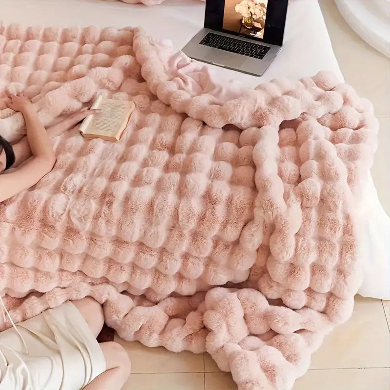 Double-Lined Faux Rabbit Fur Throw Blanket with Real Weight