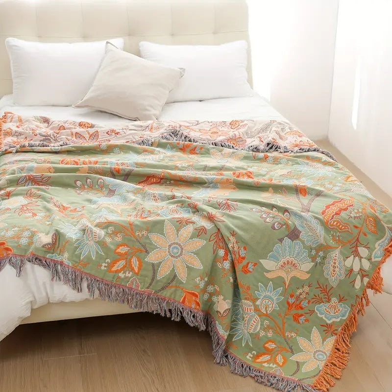 Rustic Floral Boho 100% Cotton Throw Blanket