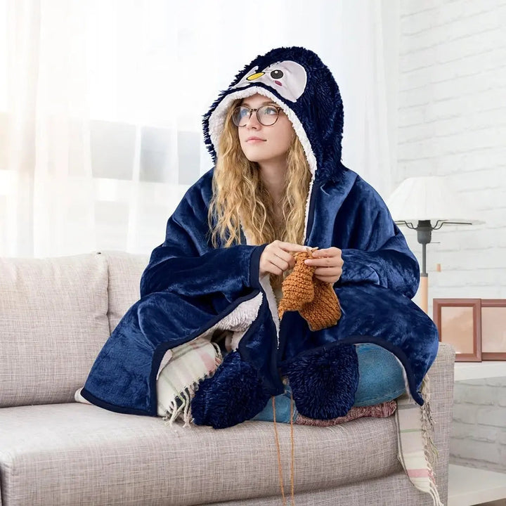 Penguin Wearable Blanket with Oversized Hood and Button Front