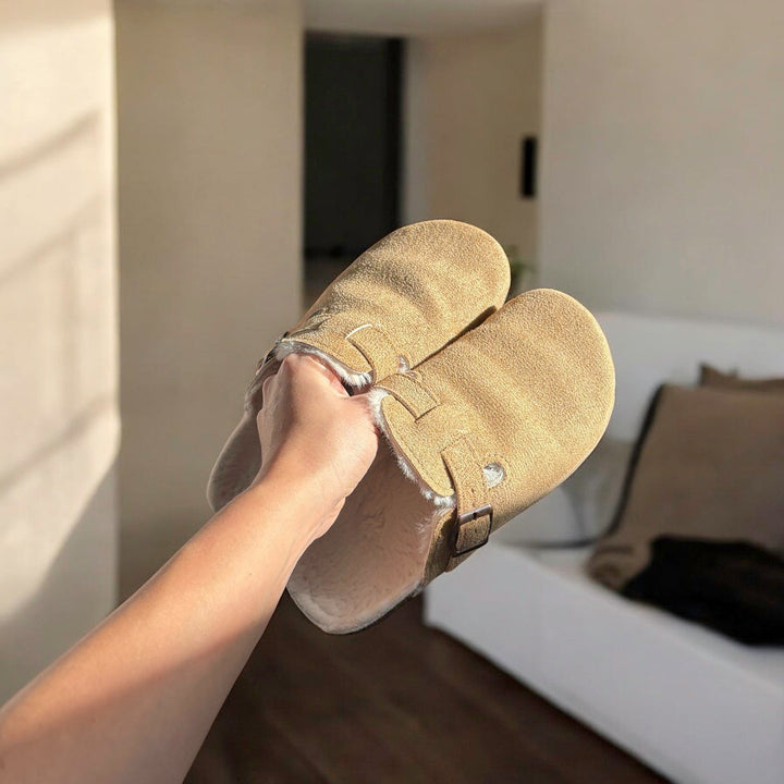 Suede Clogs with Faux Fur Lining and Cork Footbed