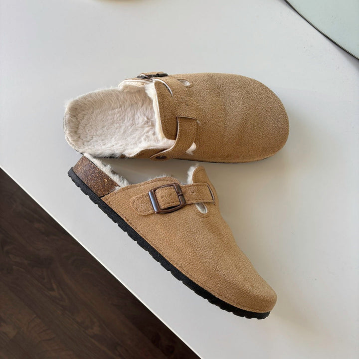 Suede Clogs with Faux Fur Lining and Cork Footbed