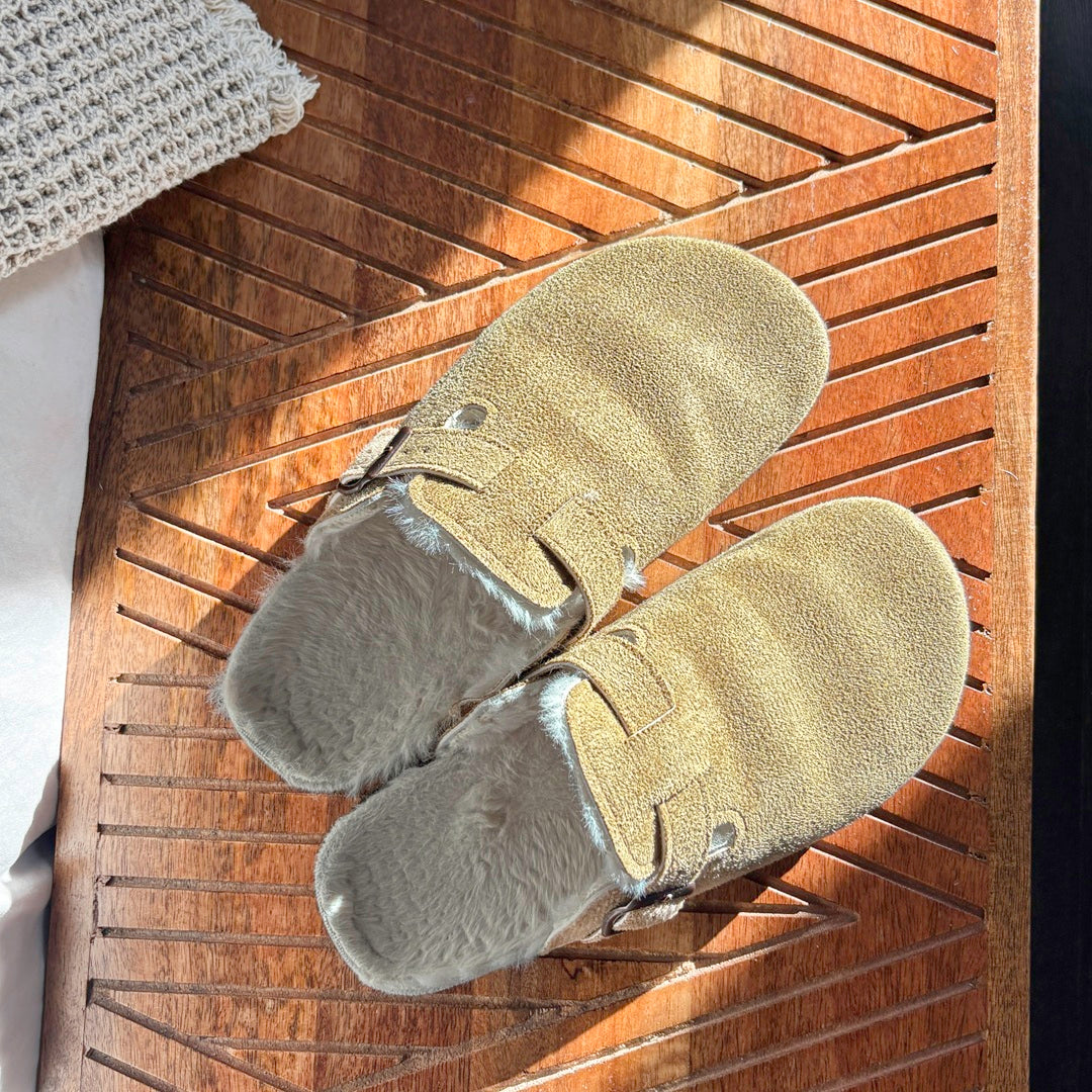 Suede Clogs with Faux Fur Lining and Cork Footbed
