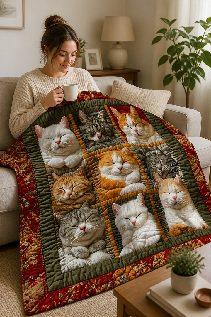 Reversible Flannel Throw Blanket with Nine Sleeping Cats