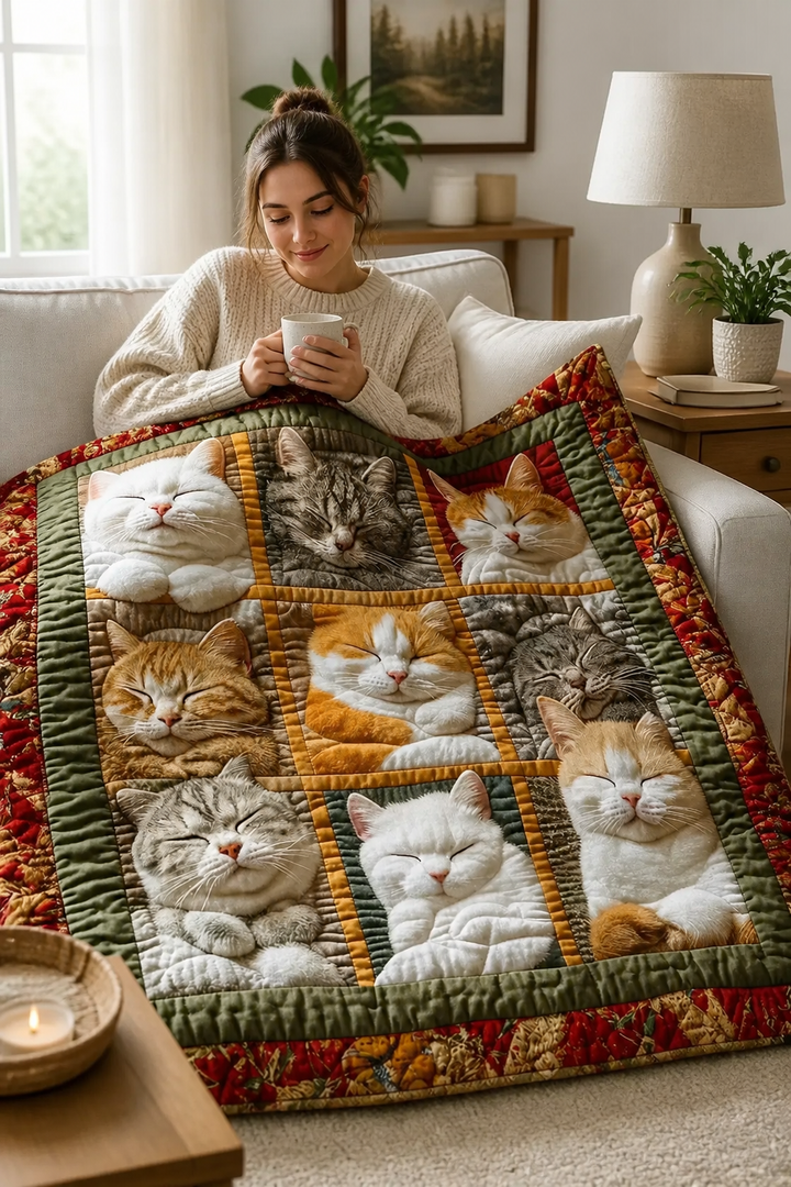 Reversible Flannel Throw Blanket with Nine Sleeping Cats