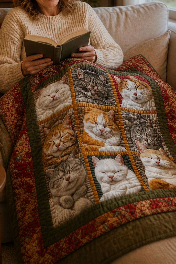 Reversible Flannel Throw Blanket with Nine Sleeping Cats