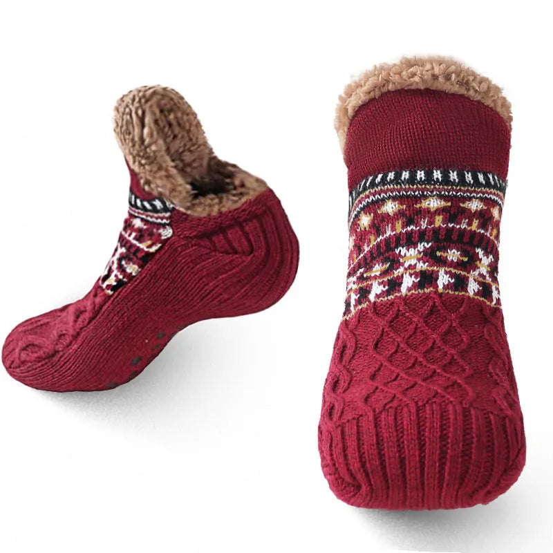 Snowflake Pattern Fleece-Lined Socks with Non-Slip Grips