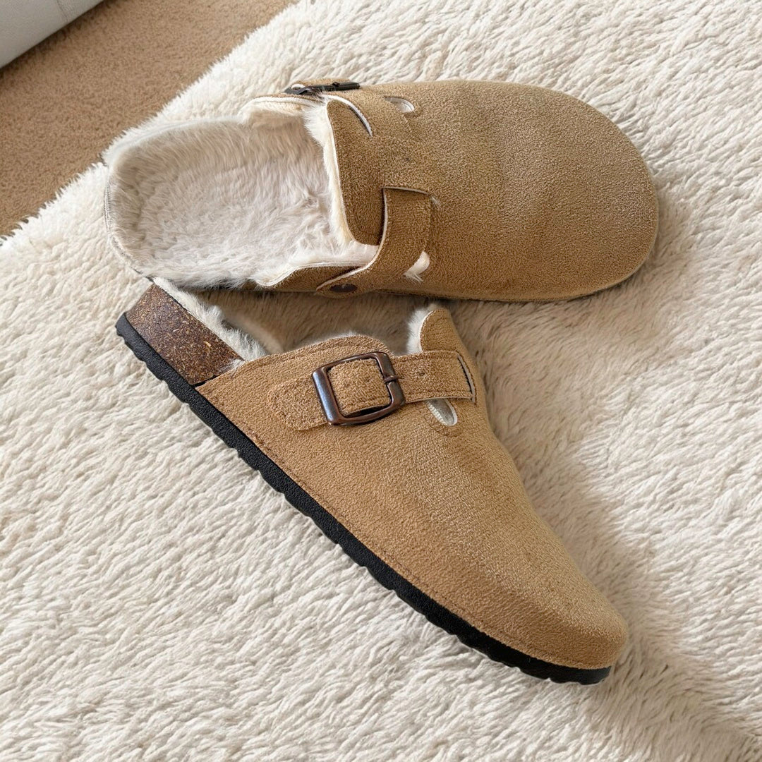 Suede Clogs with Faux Fur Lining and Cork Footbed